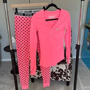 VS PINK polka dot neon pink thermal pajama set